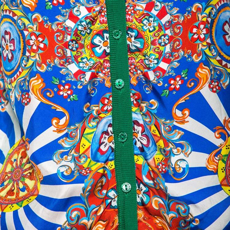 Pre Owned Dolce & Gabbana Green and Multicolor Silk Carretto Siciliano Print Cardigan S