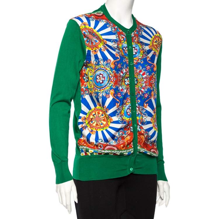 Pre Owned Dolce & Gabbana Green and Multicolor Silk Carretto Siciliano Print Cardigan S