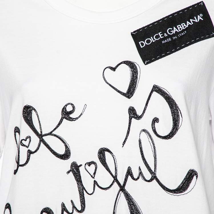 مملوكة مسبقًا Dolce & Gabbana White Cotton Life is Beautiful Embroidered T-Shirt L