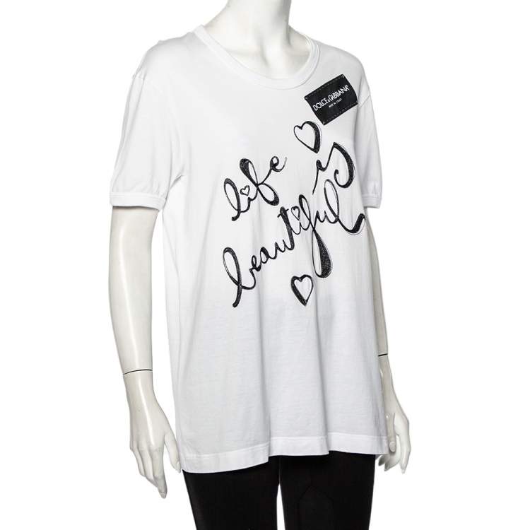 Dolce Gabbana White Cotton Life is Beautiful Embroidered T Shirt L Dolce Gabbana TLC