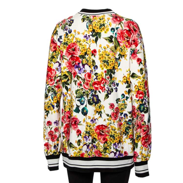 Pre Owned Dolce & Gabbana White Floral Printed Cotton Contrast Collar Detail Jumper S