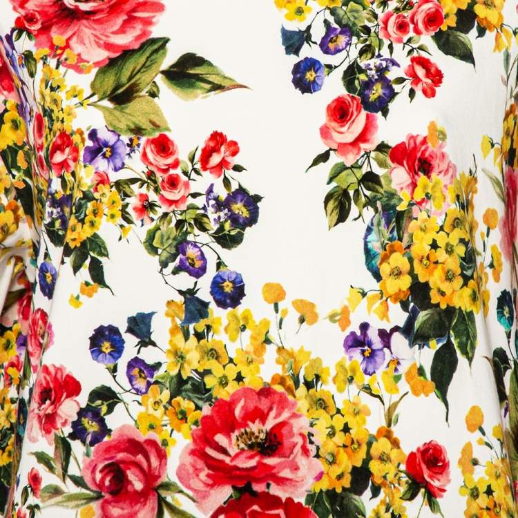Pre Owned Dolce & Gabbana White Floral Printed Cotton Contrast Collar Detail Jumper S