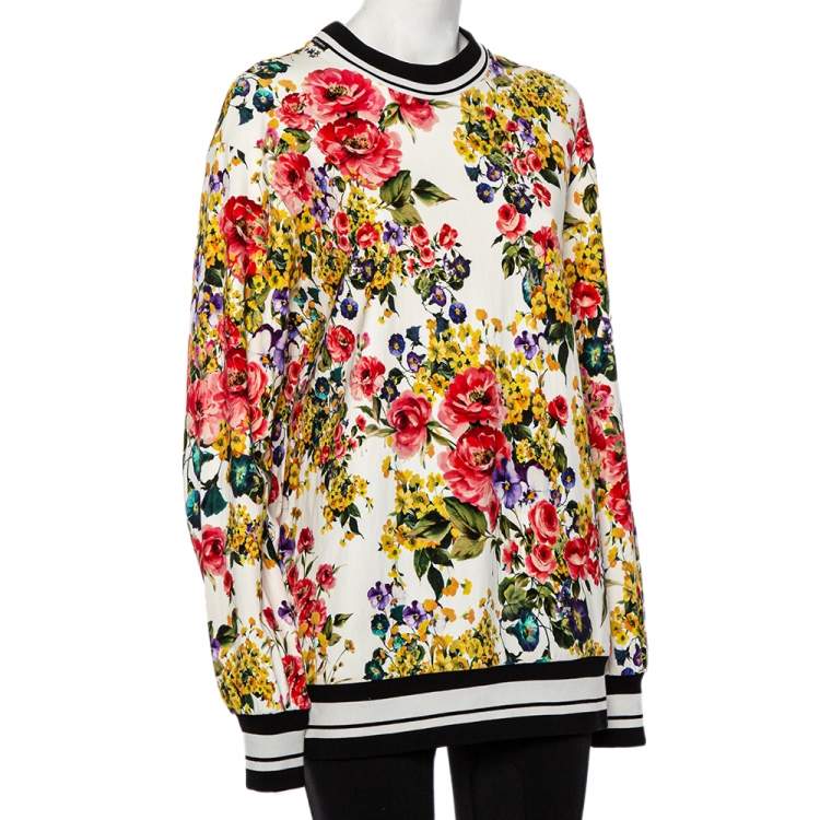 Pre Owned Dolce & Gabbana White Floral Printed Cotton Contrast Collar Detail Jumper S