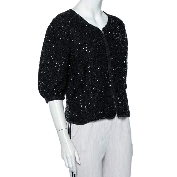 Pre Owned Dolce & Gabbana Black Sequin Embellished Knit Zip Front Jacket L