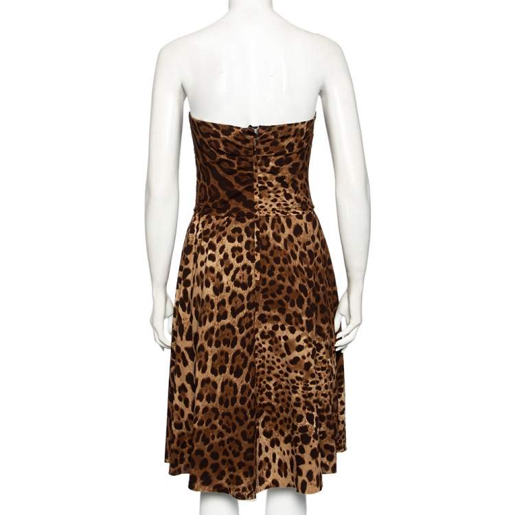 Pre Owned Dolce & Gabbana Brown Leopard Printed Silk & Lace Draped Neck Bustier Dress S