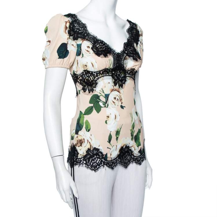 Pre Owned Dolce & Gabbana Pink Floral Printed Crepe & Lace Trim Blouse XS