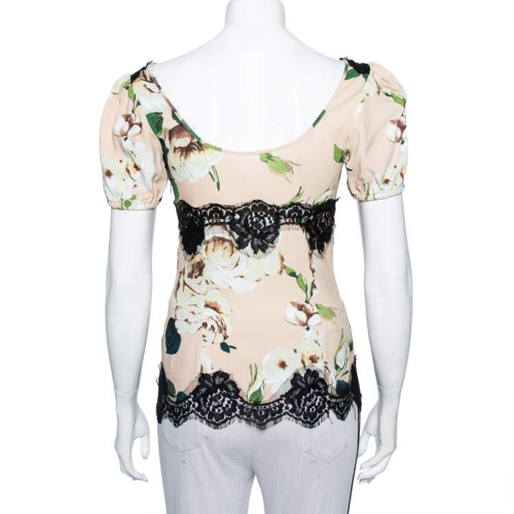 Pre Owned Dolce & Gabbana Pink Floral Printed Crepe & Lace Trim Blouse XS