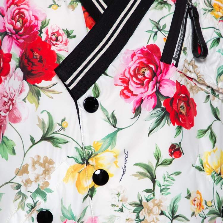 Pre Owned Dolce & Gabbana White Floral Printed Synthetic Contrast Trim Faux Wrap Bomber Jacket M