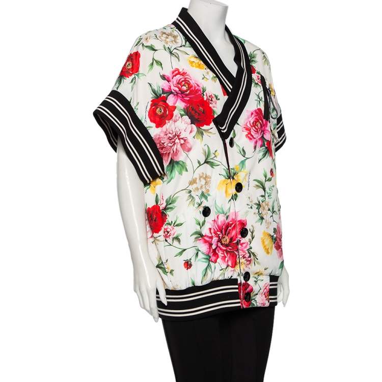 Pre Owned Dolce & Gabbana White Floral Printed Synthetic Contrast Trim Faux Wrap Bomber Jacket M