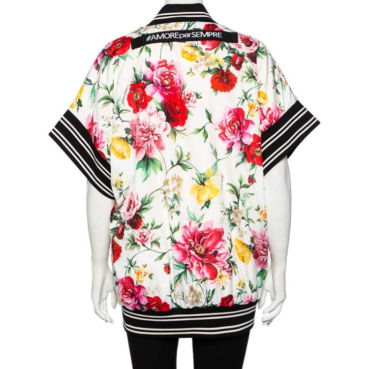 Pre Owned Dolce & Gabbana White Floral Printed Synthetic Contrast Trim Faux Wrap Bomber Jacket M