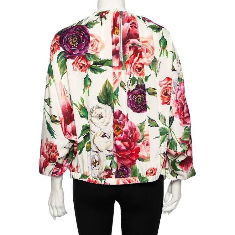 Pre Owned Dolce & Gabbana White Peonies Printed Silk Elastic Hem Top XL