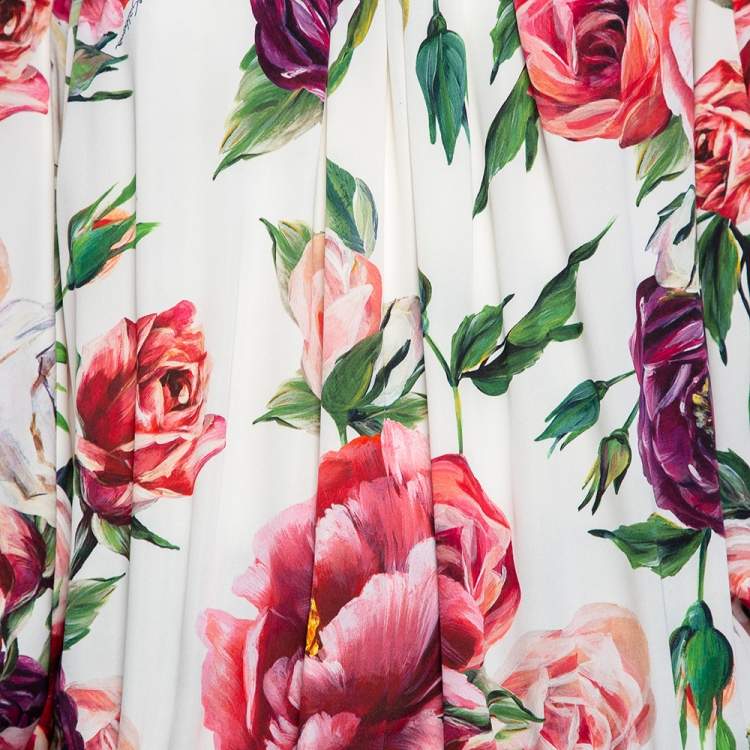 Pre Owned Dolce & Gabbana White Peonies Printed Silk Elastic Hem Top XL