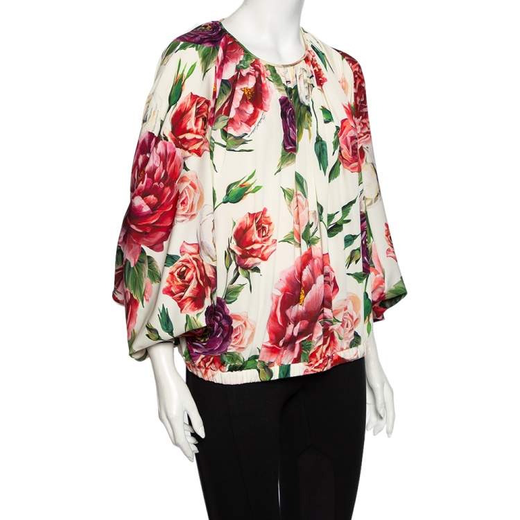 Pre Owned Dolce & Gabbana White Peonies Printed Silk Elastic Hem Top XL