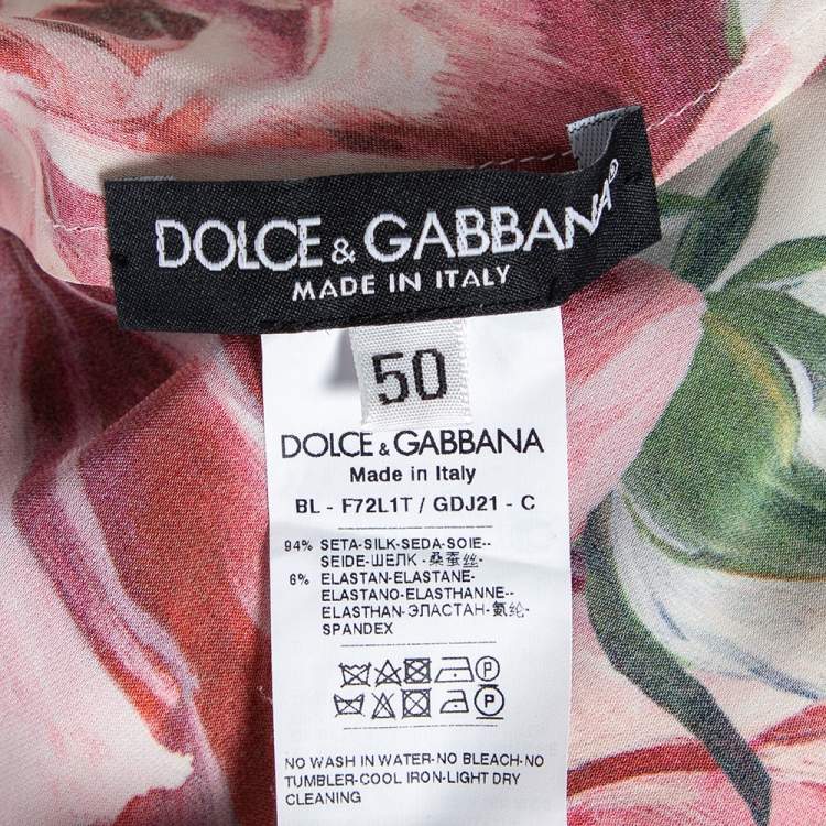 Pre Owned Dolce & Gabbana White Peonies Printed Silk Elastic Hem Top XL