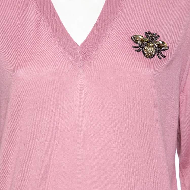 مملوكة مسبقًا Dolce & Gabbana Pink Cashmere Bee Embroidered V-Neck Jumper S
