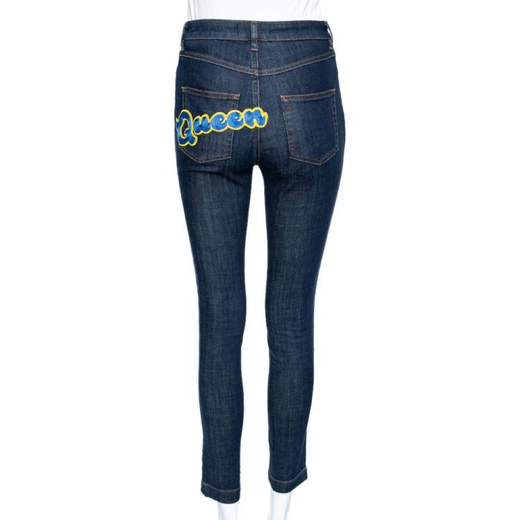Pre Owned Dolce & Gabbana Navy Blue Denim Queen Applique Detail Audrey Fit Jeans S