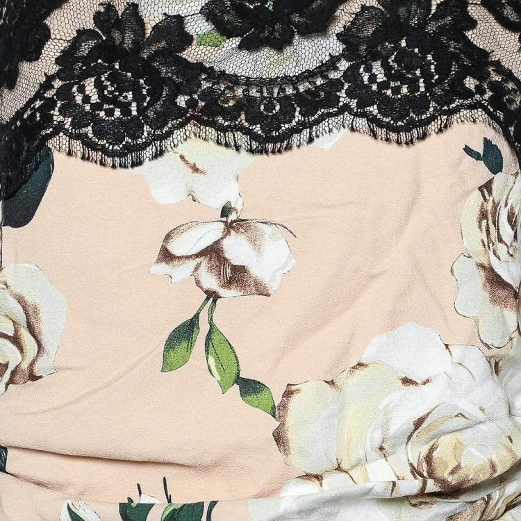 Pre Owned Dolce & Gabbana Beige Floral Printed Crepe & Lace Trim Ruched Sleeveless Dress L