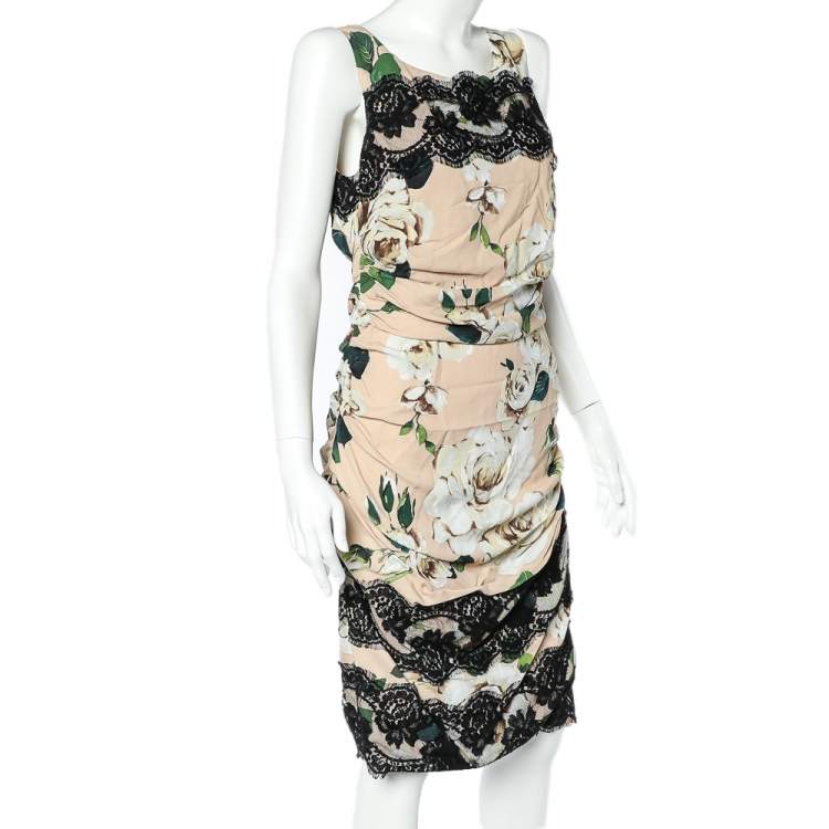 Pre Owned Dolce & Gabbana Beige Floral Printed Crepe & Lace Trim Ruched Sleeveless Dress L