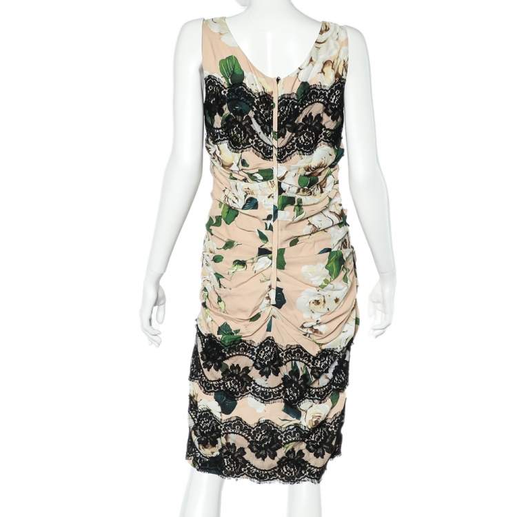 Pre Owned Dolce & Gabbana Beige Floral Printed Crepe & Lace Trim Ruched Sleeveless Dress L