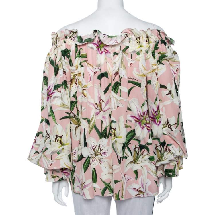 Pre Owned Dolce & Gabbana Pink Lily Printed Silk Ruffled Off Shoulder Gypsy Top M