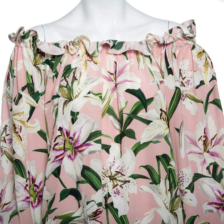 Pre Owned Dolce & Gabbana Pink Lily Printed Silk Ruffled Off Shoulder Gypsy Top M