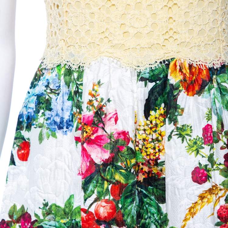 Pre Owned Dolce & Gabbana Yellow Lace & Floral Jacquard Mini Dress S