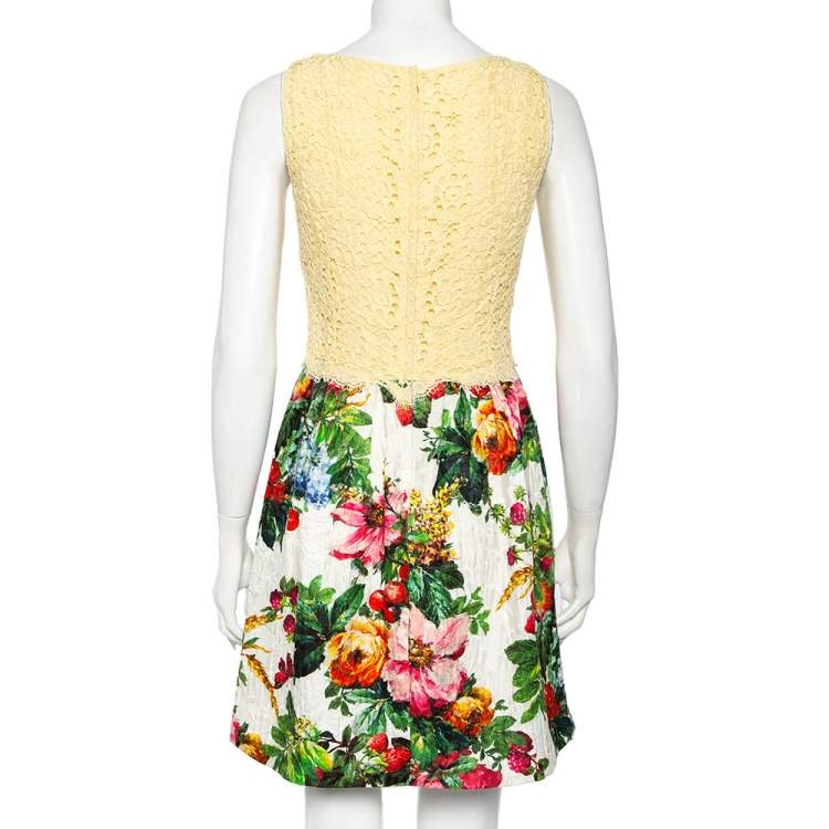 Pre Owned Dolce & Gabbana Yellow Lace & Floral Jacquard Mini Dress S