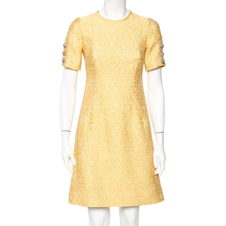 Pre Owned Dolce & Gabbana Yellow Embossed Jacquard Mini Dress S