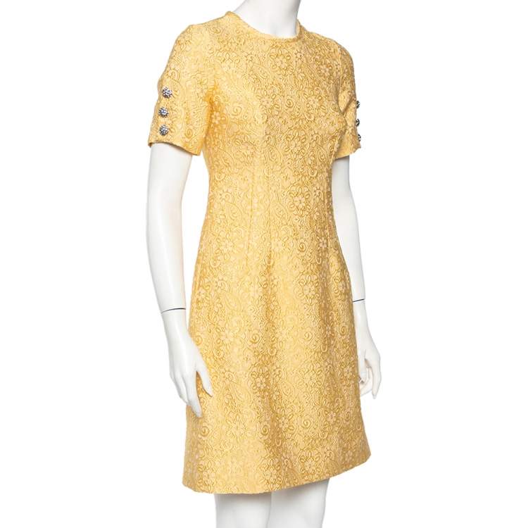Pre Owned Dolce & Gabbana Yellow Embossed Jacquard Mini Dress S