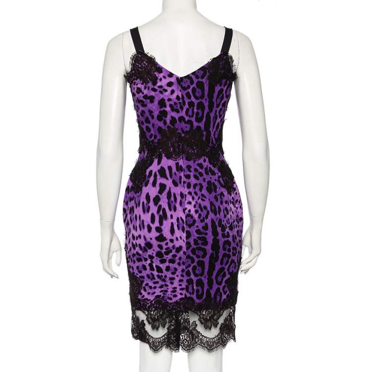 Pre Owned Dolce & Gabbana Purple Animal Printed Silk Lace Trim Sleeveless Sheath Dress S