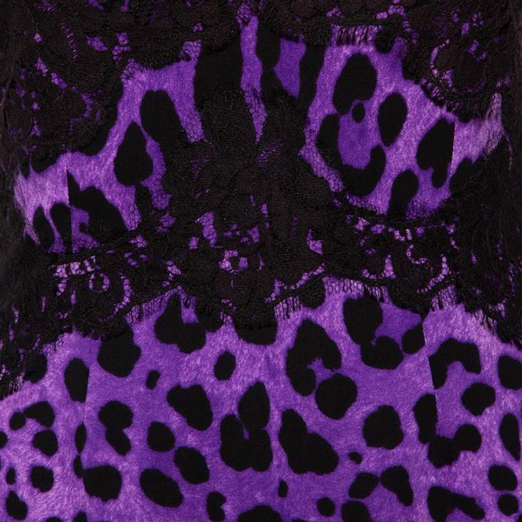 Pre Owned Dolce & Gabbana Purple Animal Printed Silk Lace Trim Sleeveless Sheath Dress S