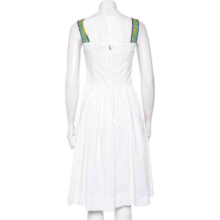Pre Owned Dolce & Gabbana White Cotton Contrast Detail Sleeveless Midi Dress M