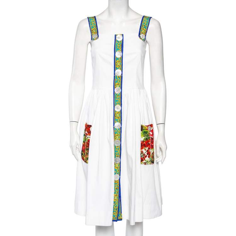 Pre Owned Dolce & Gabbana White Cotton Contrast Detail Sleeveless Midi Dress M