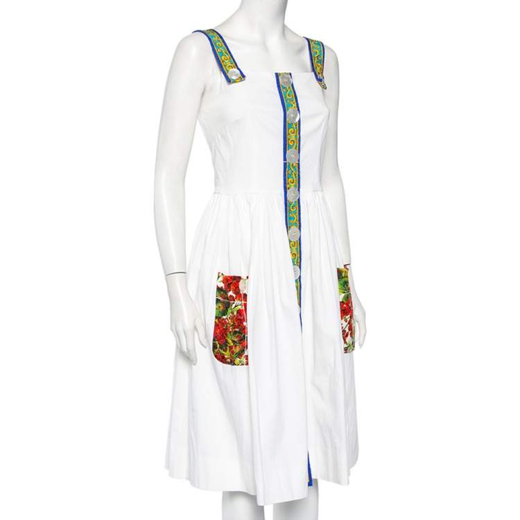 Pre Owned Dolce & Gabbana White Cotton Contrast Detail Sleeveless Midi Dress M