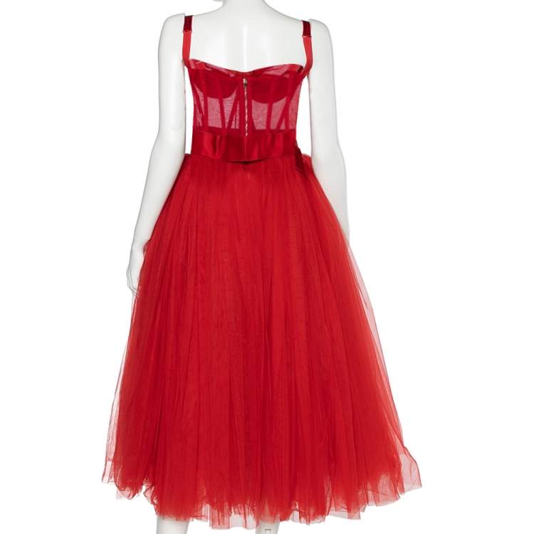 Pre Owned Dolce & Gabbana Red Tulle Bustier Midi Dress XS