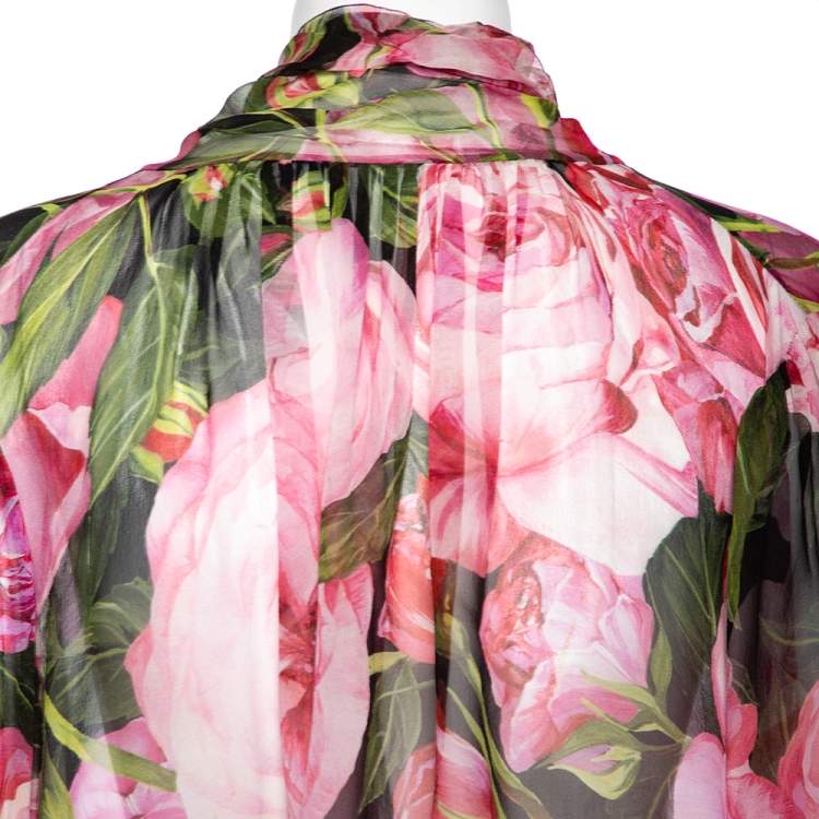 Pre Owned Dolce & Gabbana Pink Rose Printed Silk Neck Tie Detail Top M