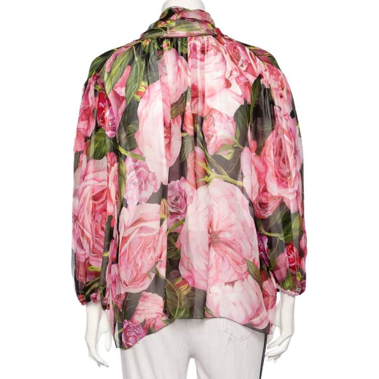 Pre Owned Dolce & Gabbana Pink Rose Printed Silk Neck Tie Detail Top M
