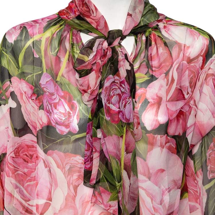 Pre Owned Dolce & Gabbana Pink Rose Printed Silk Neck Tie Detail Top M