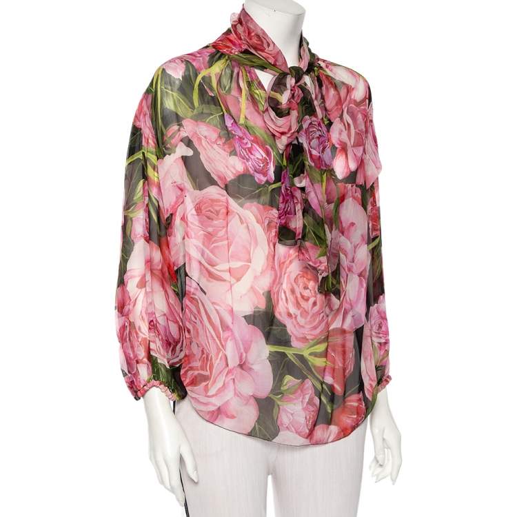 Pre Owned Dolce & Gabbana Pink Rose Printed Silk Neck Tie Detail Top M