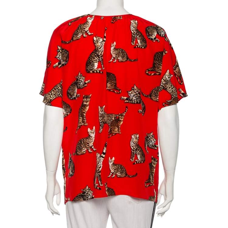 Pre Owned Dolce & Gabbana Red Cat Printed Silk Short Sleeve Blouse M