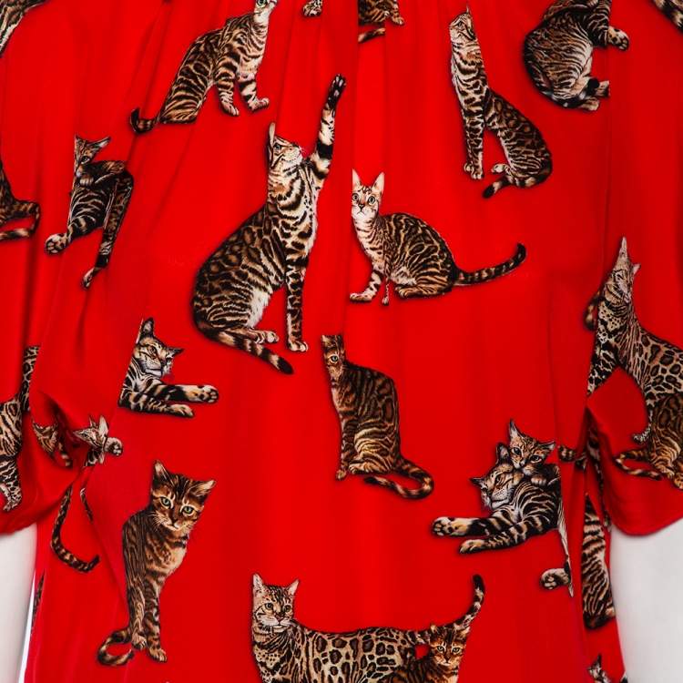 Pre Owned Dolce & Gabbana Red Cat Printed Silk Short Sleeve Blouse M