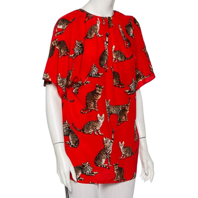 Pre Owned Dolce & Gabbana Red Cat Printed Silk Short Sleeve Blouse M