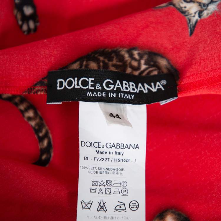 Pre Owned Dolce & Gabbana Red Cat Printed Silk Short Sleeve Blouse M