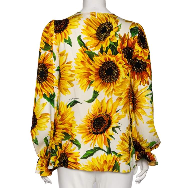 Pre Owned Dolce & Gabbana Yellow Sunflower Printed Silk Blouse M