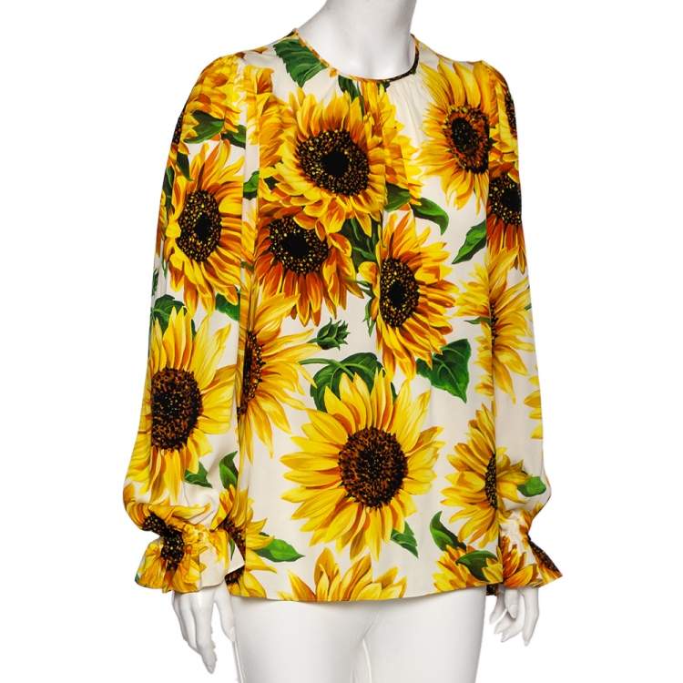 Pre Owned Dolce & Gabbana Yellow Sunflower Printed Silk Blouse M