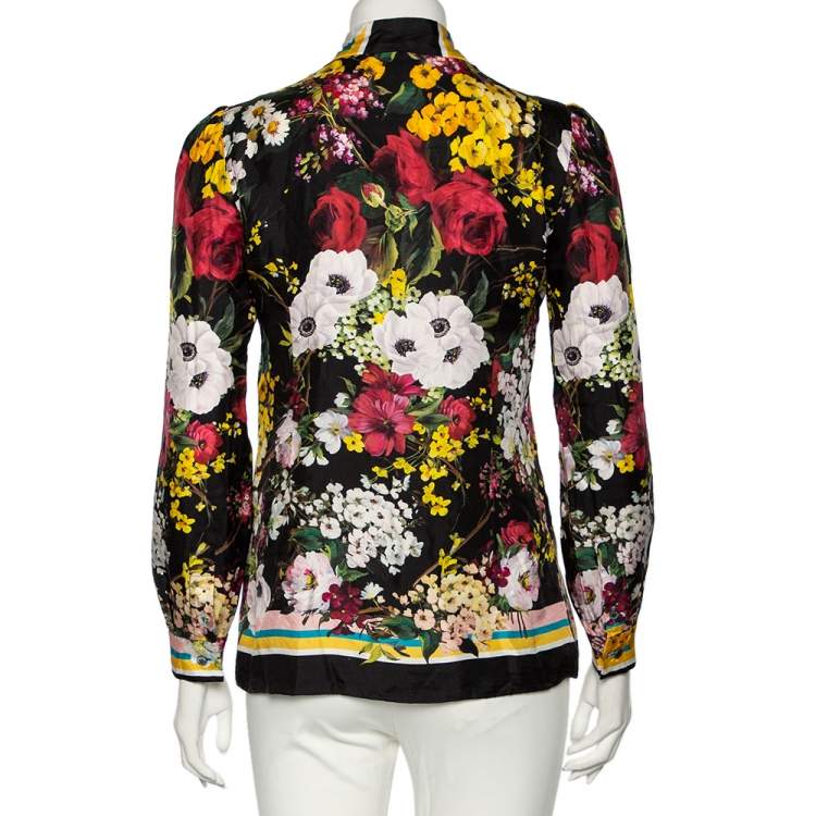 Pre Owned Dolce & Gabbana Black Floral Printed Silk Neck Tie Detail Shirt M