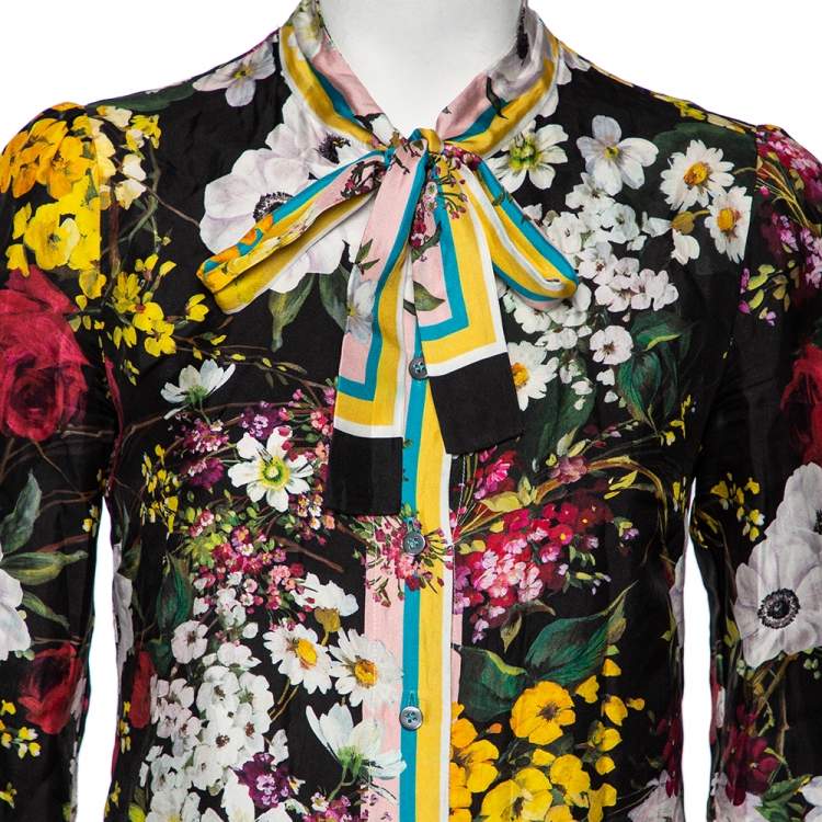 Pre Owned Dolce & Gabbana Black Floral Printed Silk Neck Tie Detail Shirt M