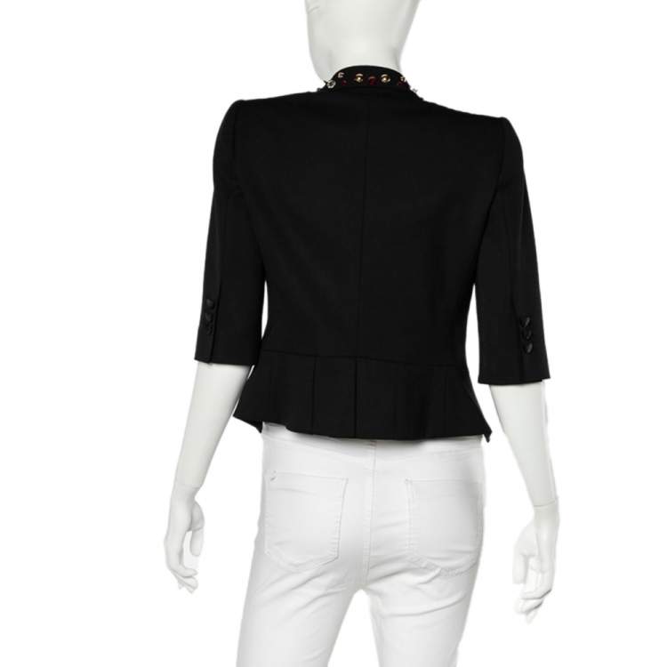 Pre Owned Dolce and Gabbana Black Wool Rhinestone and Crystal Lapel Cropped Blazer S