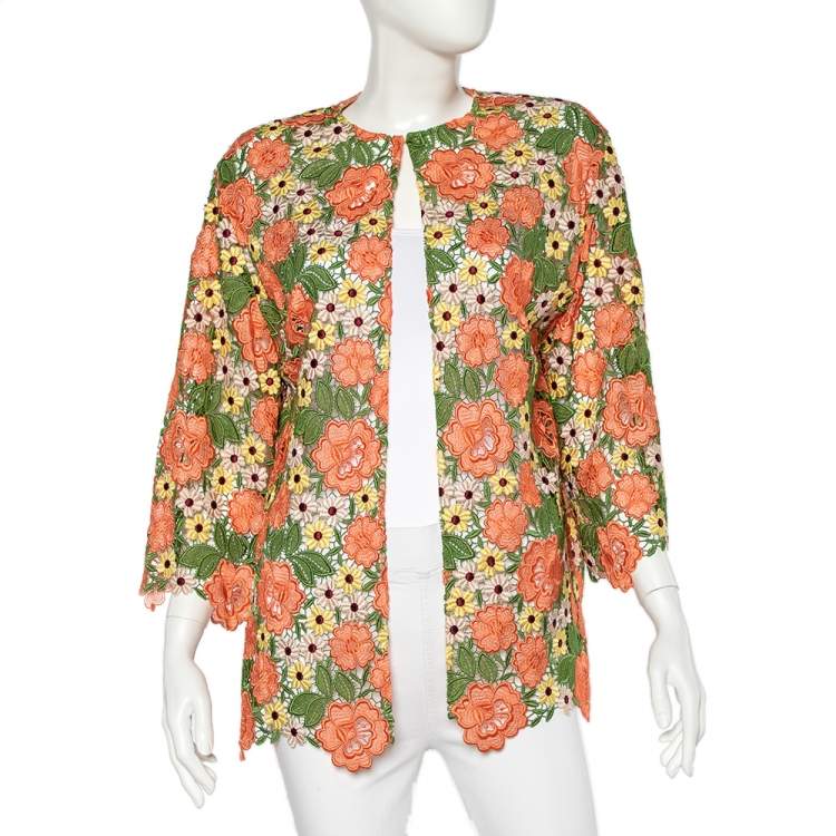 Pre Owned Dolce & Gabbana Multicolor Floral Lace Hook Front Shrug M