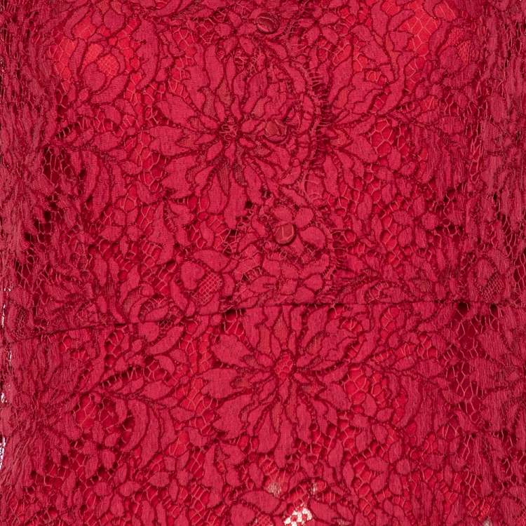 Pre Owned Dolce & Gabbana Red Floral Lace Button Detail Top L